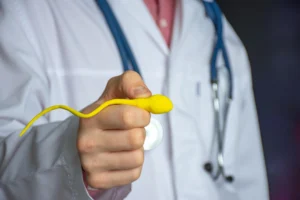 A person in a white lab coat and stethoscope holds a yellow sperm model. Male infertility