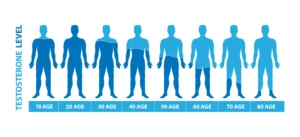 Chart illustrating decreasing testosterone levels in men from age 18 to 80, with silhouettes gradually fading as age increases from left to right.