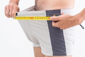 Masturbation. A man in underwear uses a tape measure to measure the front of his shorts, with the tape stretched horizontally across the waistband.