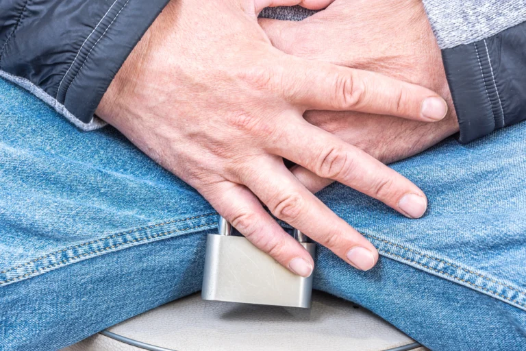 Sexual Fasting. A person sits with hands folded over their lap, covering their crotch area, with a padlock placed on their jeans.
