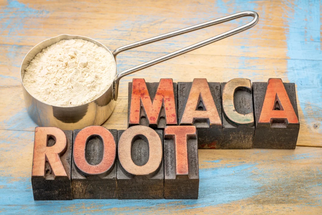 Maca root. A metal measuring cup filled with maca root powder sits beside wooden letter blocks spelling “MACA ROOT” on a wooden surface.