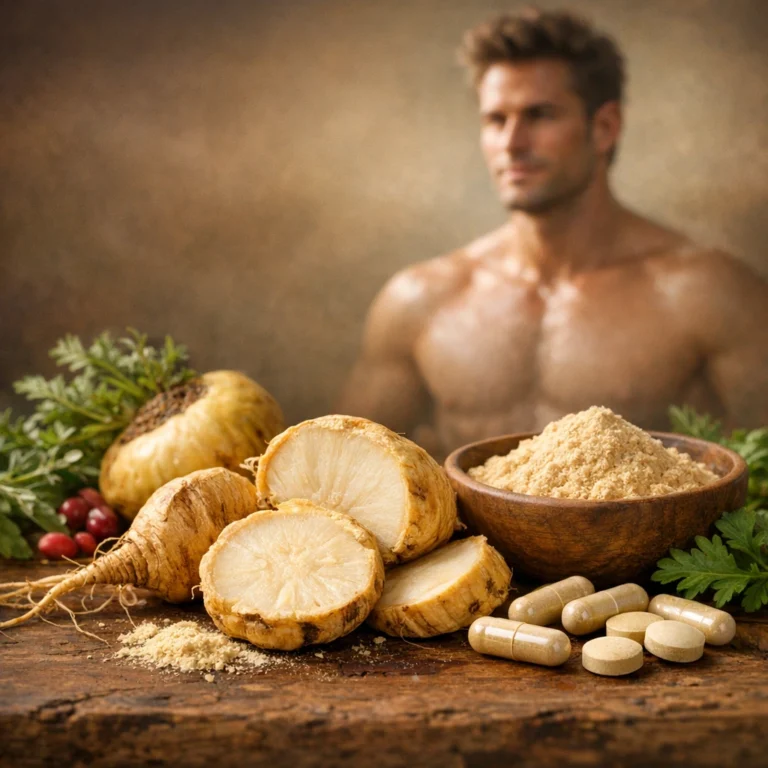 Sliced maca root, maca powder, and supplement capsules on a wooden table with herbs and a shirtless man blurred in the background.