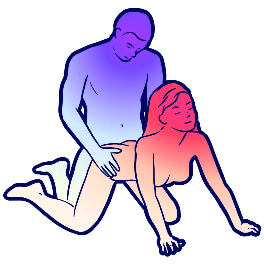 last longer. Illustration of two people engaging in a sexual position where one person is kneeling behind the other, who is on hands and knees.