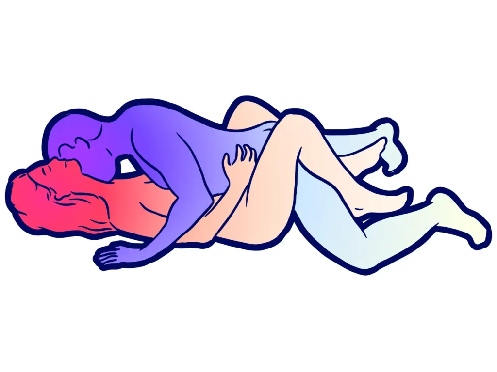 last longer. Illustration of two people in a face-to-face sexual position, with one person on top and the other lying on their back.