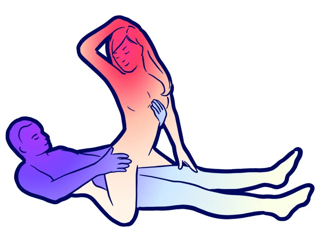 last longer. Illustration of two people engaging in a sexual position, with one person sitting and the other straddling them, both shown in stylized colors.