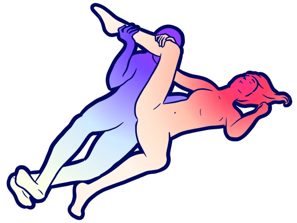 last longer. Two stylized human figures are shown in a sexual position, one lying on their back holding the other person's leg, who is lying on their side.