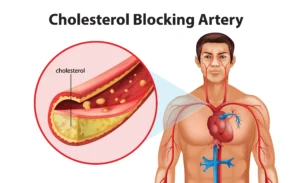cholesterol. Illustration of a man with a close-up showing cholesterol buildup narrowing an artery, labeled "Cholesterol Blocking Artery.