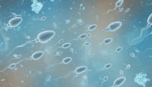infertility. Microscopic view of multiple sperm cells swimming in a fluid environment, shown with detailed tails and heads against a blue background.