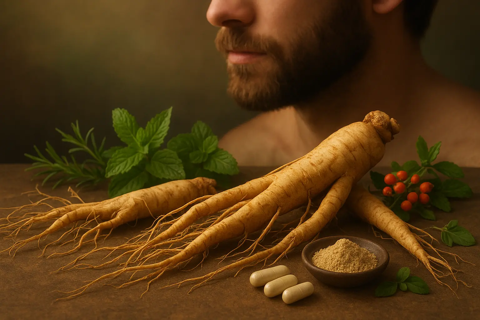 A close-up of large ginseng roots, capsules, powdered ginseng, green leaves, and red berries in front of a bearded man’s face.