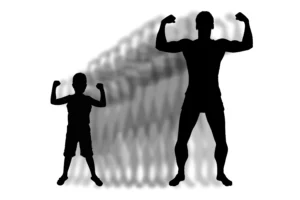 testosterone. Silhouette of a child and an adult flexing muscles, with repeated faded shadows showing progression from child to adult size.